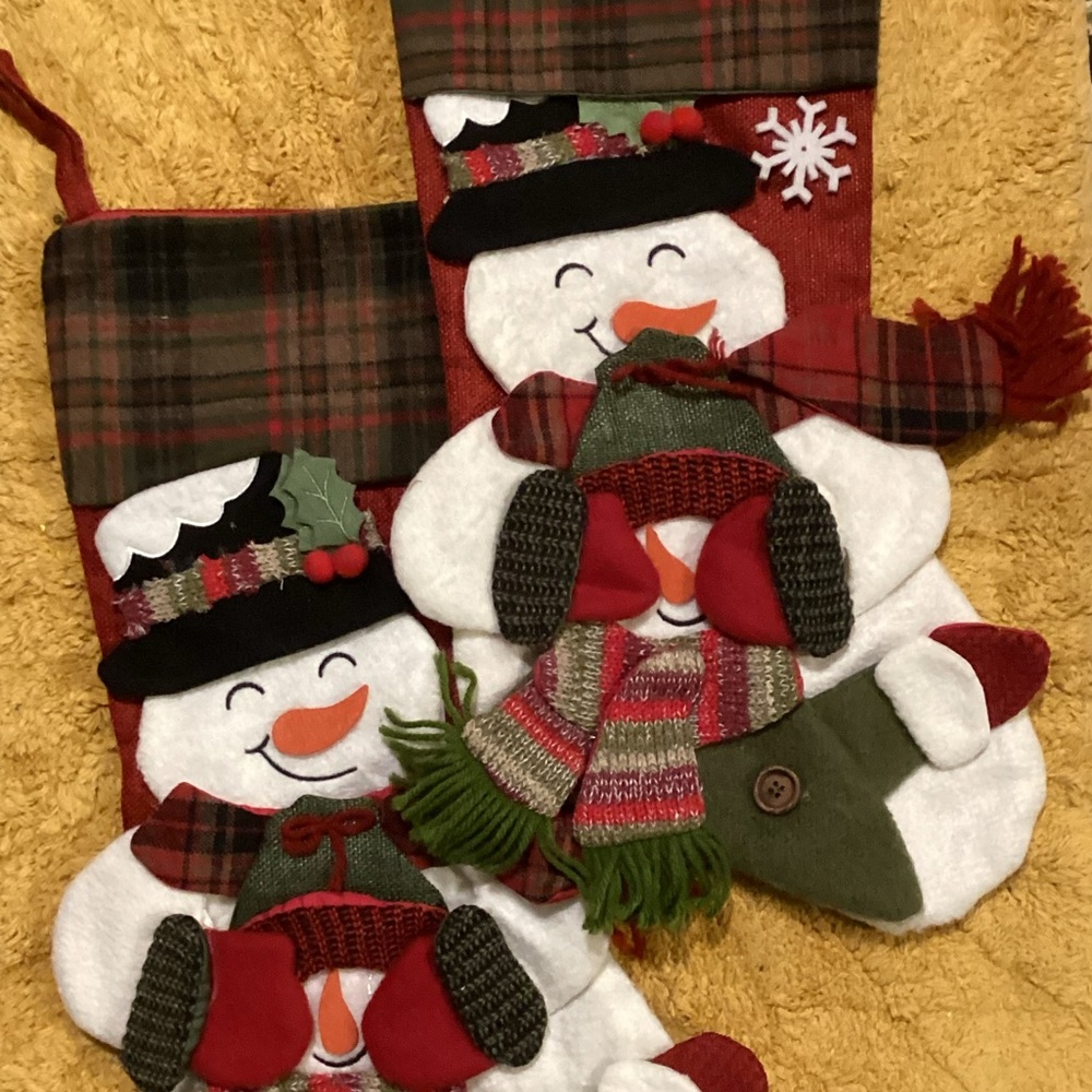 Matching Burlap Snowman Holiday Christmas Stockings Hang by the Fire Set of 2